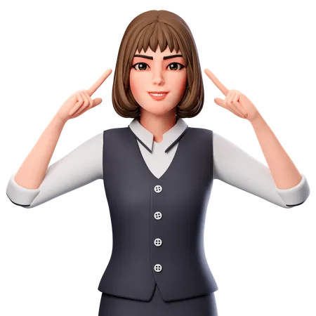 Geschäftsfrau zeigt mit beiden Händen auf den Kopf  3D Illustration