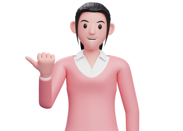 Geschäftsfrau zeigt mit Daumen zur Seite  3D Illustration