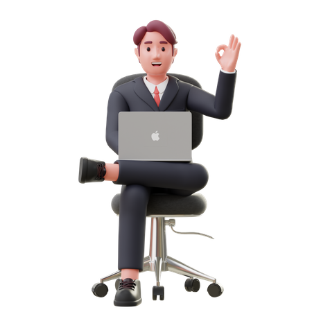 Geschäftsmann, der auf einem Stuhl sitzt und am Laptop arbeitet  3D Illustration