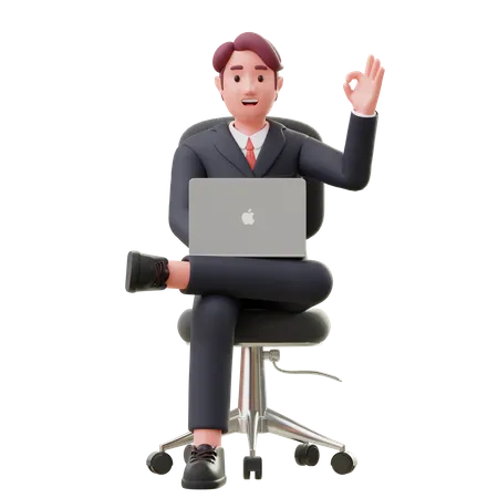 Geschäftsmann, der auf einem Stuhl sitzt und am Laptop arbeitet  3D Illustration