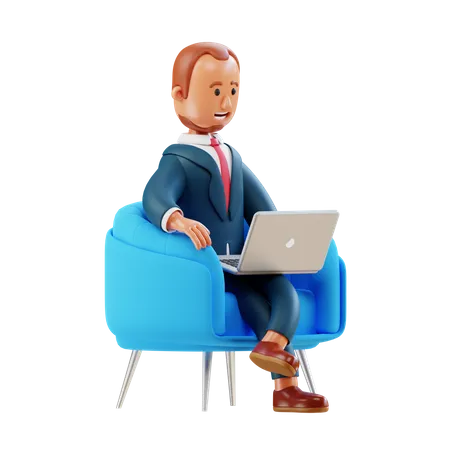 Geschäftsmann, der im Sessel sitzt und am Laptop arbeitet  3D Illustration