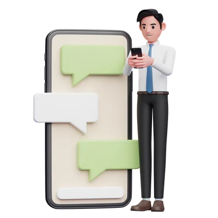 Geschäftsmann im Chat mit großem Telefon und Chat-Blase-Ornament  3D Illustration