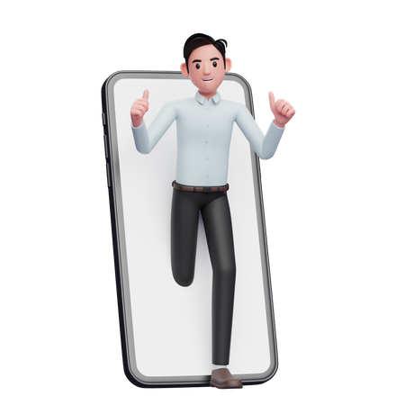 Der Geschäftsmann erscheint auf dem Telefonbildschirm und zeigt den Daumen nach oben  3D Illustration