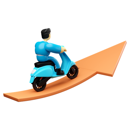 Geschäftsmann reitet mit Roller auf Diagrammpfeil nach oben Erfolg  3D Illustration