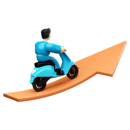 Geschäftsmann reitet mit Roller auf Diagrammpfeil nach oben Erfolg  3D Illustration