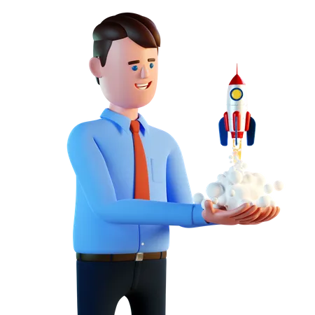 Geschäftsmann fliegt auf einer Rakete  3D Illustration