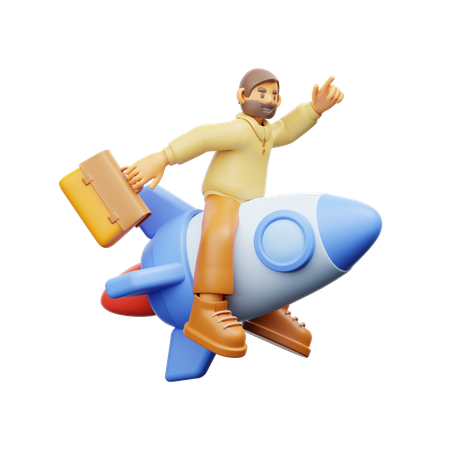 Geschäftsmann fliegt auf Rakete  3D Illustration