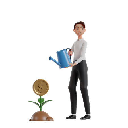 Geschäftsmann gießt Geldpflanze für Investitionen  3D Illustration