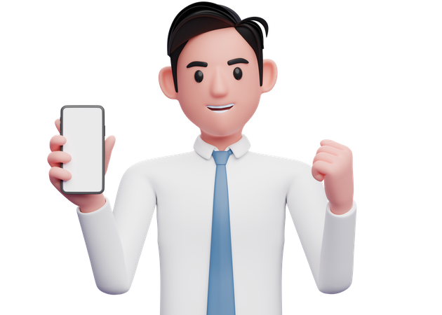 Geschäftsmann hält ein Mobiltelefon in der Hand, während er feiert und seine Faust ballt  3D Illustration