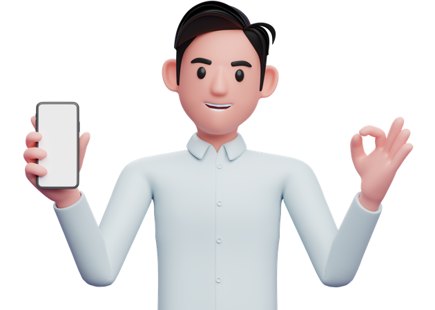 Geschäftsmann hält ein Mobiltelefon in der Hand und zeigt dabei eine OK-Geste  3D Illustration