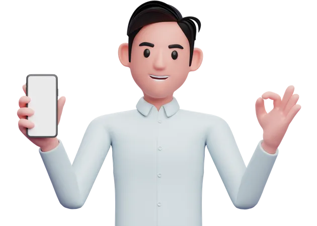 Geschäftsmann hält ein Mobiltelefon in der Hand und zeigt dabei eine OK-Geste  3D Illustration