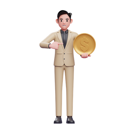 Geschäftsmann hält eine Münze und zeigt darauf  3D Illustration