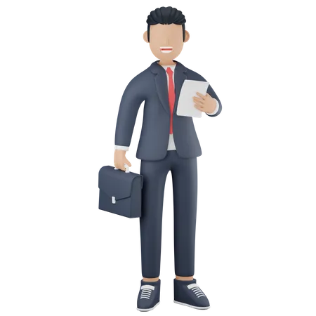 Geschäftsmann mit Koffer und Papier  3D Illustration