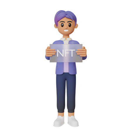 Geschäftsmann hält NFT-Karte  3D Illustration