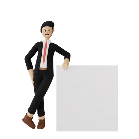 Geschäftsmann hält weiße leere Tafel  3D Illustration