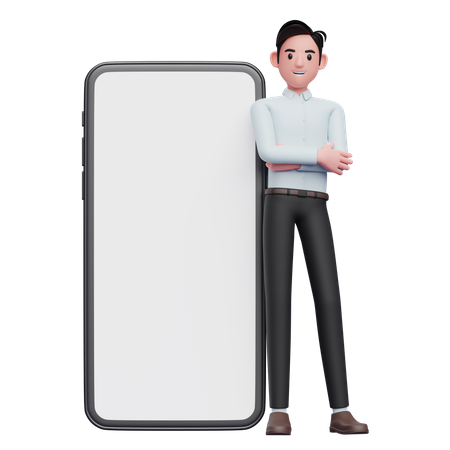 Geschäftsmann im blauen Hemd stützte sich auf Telefon  3D Illustration