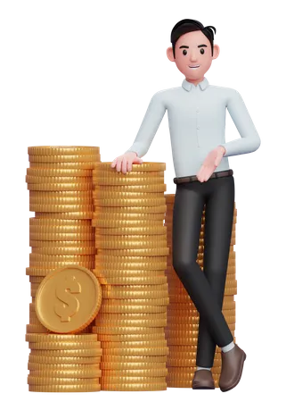 Geschäftsmann in einem blauen Hemd steht mit gekreuzten Beinen und lehnt sich auf einen Haufen Münzen  3D Illustration