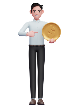 Geschäftsmann im blauen Hemd zeigt auf die Münze  3D Illustration