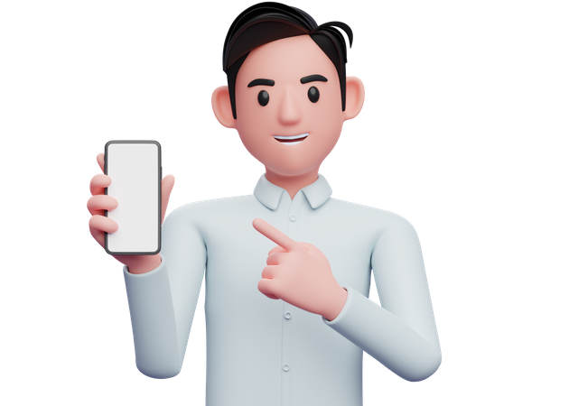 Geschäftsmann im blauen Hemd zeigt Handy in der Hand  3D Illustration