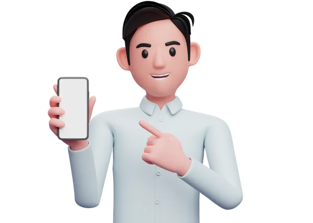 Geschäftsmann im blauen Hemd zeigt Handy in der Hand  3D Illustration