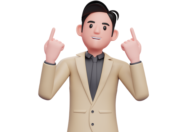 Geschäftsmann im braunen Anzug hebt beide Zeigefinger und blickt nach oben  3D Illustration