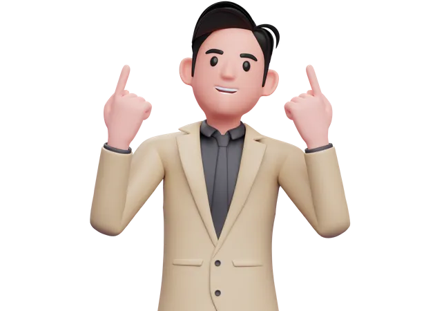 Geschäftsmann im braunen Anzug hebt beide Zeigefinger und blickt nach oben  3D Illustration