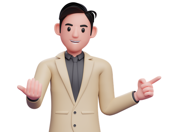 Geschäftsmann im braunen Anzug macht „Komm her“-Geste und zeigt zur Seite  3D Illustration