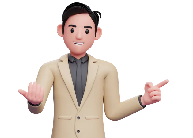 Geschäftsmann im braunen Anzug macht „Komm her“-Geste und zeigt zur Seite  3D Illustration