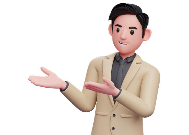 Geschäftsmann im braunen Anzug mit schwarzer Krawatte öffnen beide Hände pose  3D Illustration