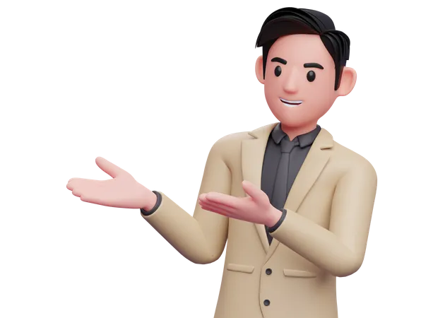 Geschäftsmann im braunen Anzug mit schwarzer Krawatte öffnen beide Hände pose  3D Illustration