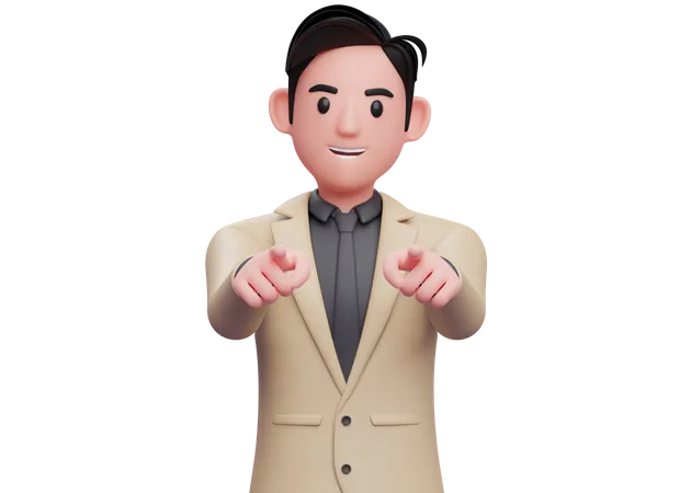Geschäftsmann im braunen Anzug zeigt mit beiden Händen auf die Kamera  3D Illustration