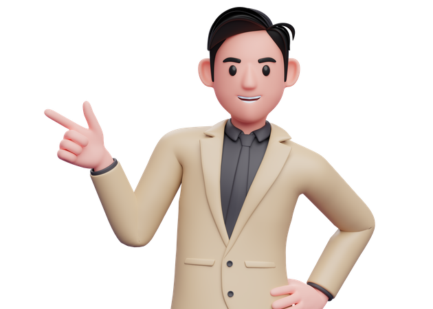 Geschäftsmann im braunen Anzug zeigt mit dem Pistolenfinger nach links  3D Illustration