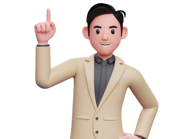 Geschäftsmann im braunen Anzug zeigt mit Zeigefinger nach oben  3D Illustration