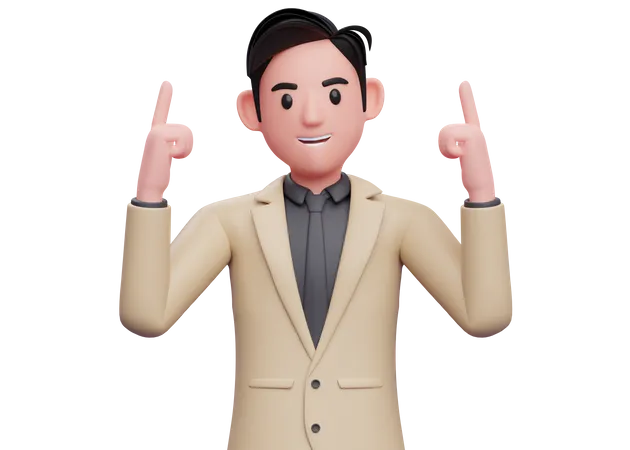 Geschäftsmann im braunen Anzug zeigt mit zwei Fingern nach oben  3D Illustration