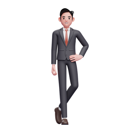 Geschäftsmann im formellen Anzug steht mit der Hand auf der Taille und gekreuzten Beinen  3D Illustration