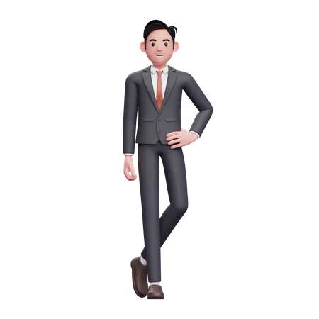 Geschäftsmann im formellen Anzug steht mit der Hand auf der Taille und gekreuzten Beinen  3D Illustration