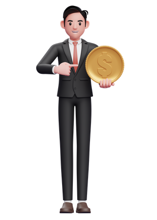 Geschäftsmann im formellen Anzug zeigt Münze  3D Illustration