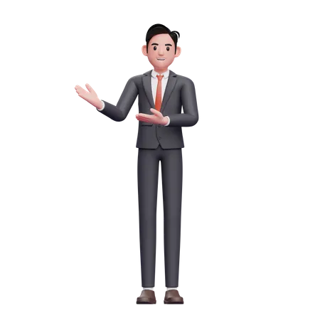 Geschäftsmann im formellen Anzug zeigt mit beiden Händen  3D Illustration