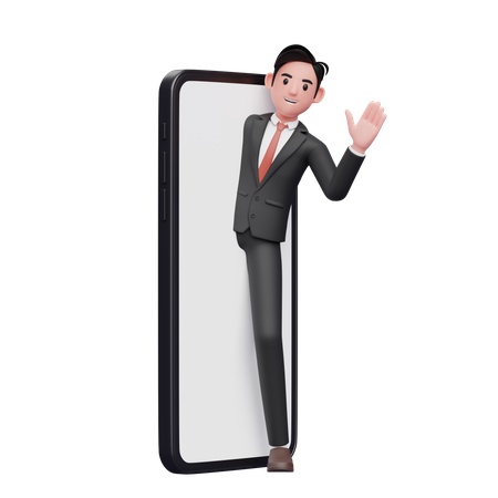 Geschäftsmann im schwarzen Anzug erscheint auf dem Telefonbildschirm und sagt Hallo mit winkender Hand  3D Illustration