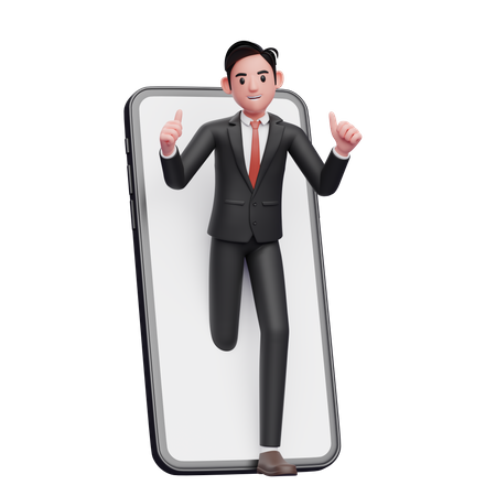 Ein Geschäftsmann im schwarzen Anzug erscheint auf dem Telefonbildschirm und zeigt den Daumen nach oben  3D Illustration