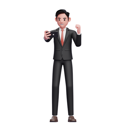 Geschäftsmann im schwarzen Anzug feiert, während er auf den Telefonbildschirm blickt  3D Illustration