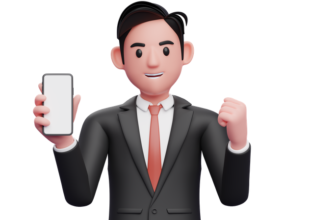 Geschäftsmann im schwarzen Anzug hält Telefon und feiert  3D Illustration
