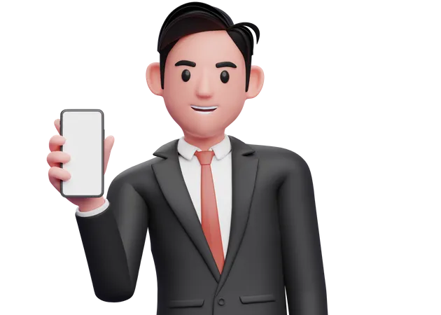 Geschäftsmann im schwarzen Anzug hält Telefon, während er den Körper neigt  3D Illustration