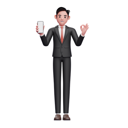 Geschäftsmann im schwarzen Anzug hält Telefon und zeigt ok Finger  3D Illustration