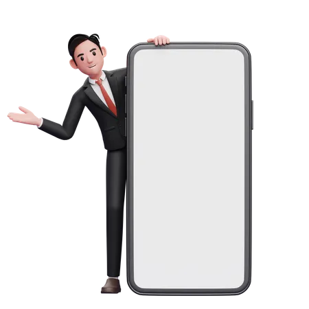 Geschäftsmann im schwarzen Anzug kommt mit offener Hand hinter einem großen Telefon hervor  3D Illustration