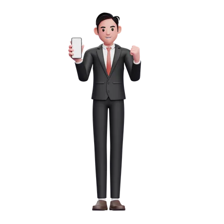 Geschäftsmann im schwarzen Anzug macht eine gewinnende Geste und zeigt dabei den Telefonbildschirm  3D Illustration