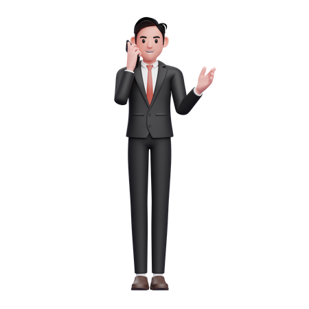 Geschäftsmann im schwarzen Anzug telefoniert mit einem Mobiltelefon und zeigt dabei eine Geste mit der offenen Hand  3D Illustration