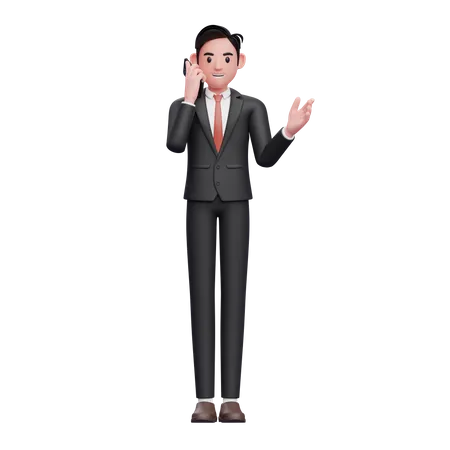 Geschäftsmann im schwarzen Anzug telefoniert mit einem Mobiltelefon und zeigt dabei eine Geste mit der offenen Hand  3D Illustration