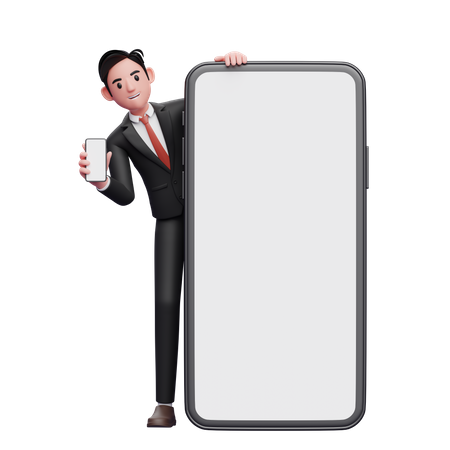 Geschäftsmann im schwarzen Anzug steht hinter einem großen Mobiltelefon und zeigt den Telefonbildschirm  3D Illustration