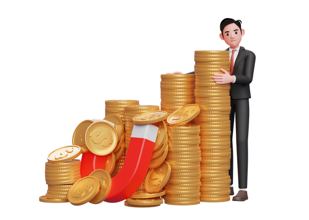 Geschäftsmann im schwarzen Anzug steht umarmt einen Haufen Goldmünzen, die von einem Magneten gefangen wurden  3D Illustration